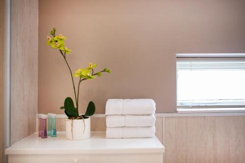 a bathroom with towels and a plant on a counter at Breckland Lodge in Attleborough