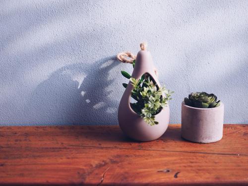 a vase and a plant on a wooden table at Luck Esan Loft in Ubon Ratchathani