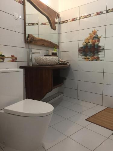 a bathroom with a white toilet and a mirror at Ô Fil de l'Eau in Pointe-Noire