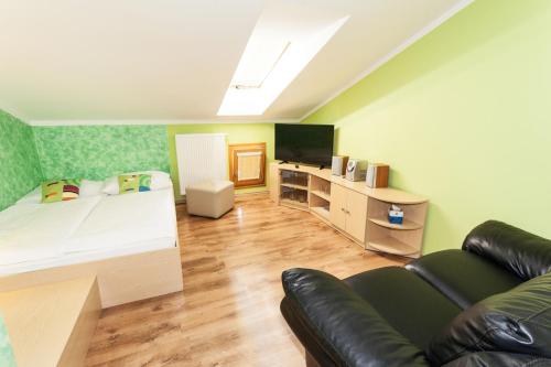 a large room with a bed and a couch at Penzion Pohoda in Trutnov