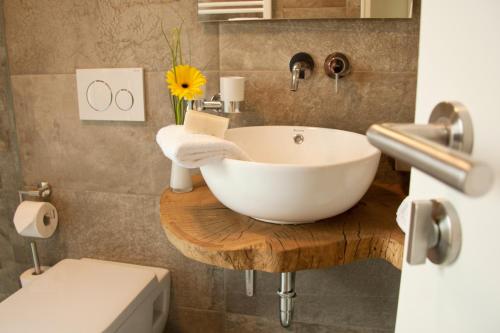 a bathroom with a bowl sink and a toilet at Hotel Am Moosrain Garni in Eitting