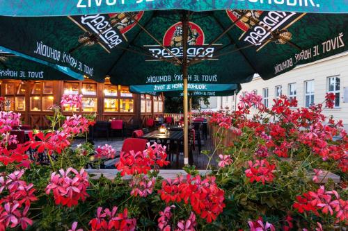 a group of flowers in front of a restaurant at Penzion Pohoda in Trutnov