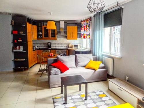 ein Wohnzimmer mit einem Sofa und einer Küche in der Unterkunft Apartament Szczytna NO'10 in Toruń