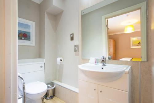 a bathroom with a sink and a toilet and a mirror at Breckland Lodge in Attleborough