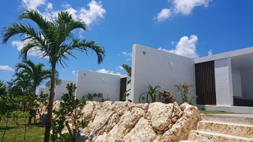 a house with a palm tree and a stone wall at Feliz Villa Suite Miyakojima Ueno in Miyako Island