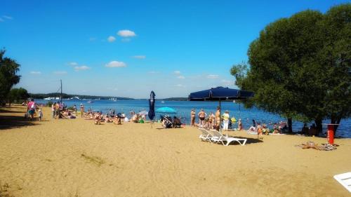 un groupe de personnes assises sur une plage dans l'établissement Villa u Vody, à Podrezovo