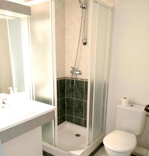 a bathroom with a shower and a toilet and a sink at Hotel La Bosselle in Saint-Philbert-de-Grand-Lieu