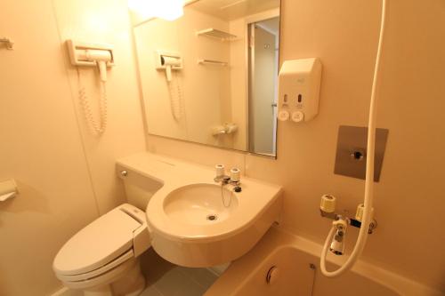 a bathroom with a toilet and a sink and a mirror at HOTEL LiVEMAX Sapporo Ekimae in Sapporo