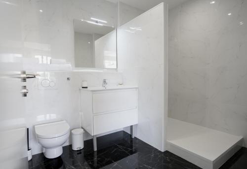 La salle de bains blanche est pourvue de toilettes et d'un lavabo. dans l'établissement Parc 709 Bayonne, à Bayonne