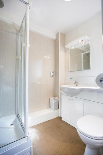 a bathroom with a toilet and a sink and a shower at Breckland Lodge in Attleborough