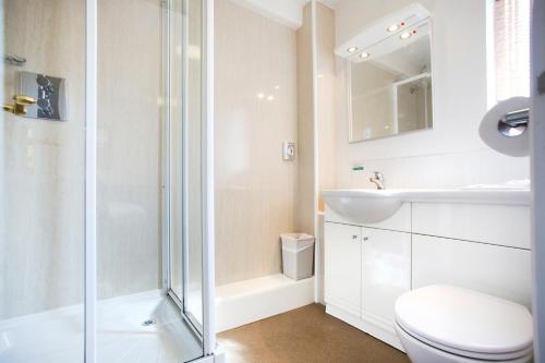 a bathroom with a shower and a toilet and a sink at Breckland Lodge in Attleborough