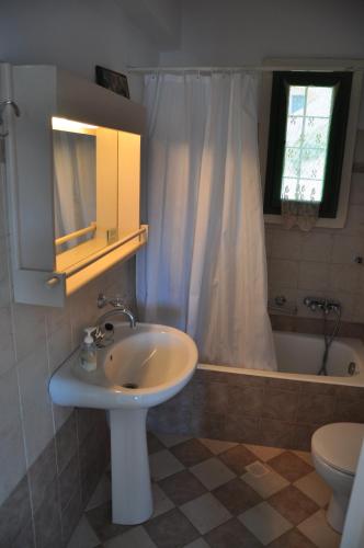 a bathroom with a sink and a toilet and a shower at Bellevue Apartments in Sitia