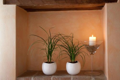 two white vases with plants and a candle on a shelf at Residenza i Platani in Santarcangelo di Romagna