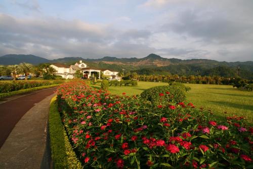 a garden with red flowers and houses in the background at Life Leisure Resort in Guanxi