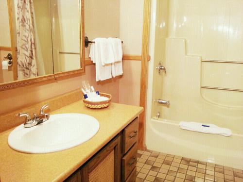 a bathroom with a sink and a shower and a tub at Hotel Motel La Marquise in Sherbrooke