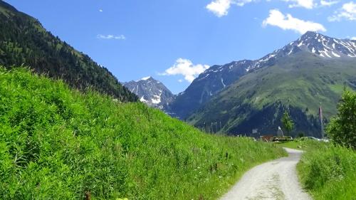 a dirt road in a mountain valley with snow capped mountains at Haus Bergheim in Sankt Leonhard im Pitztal