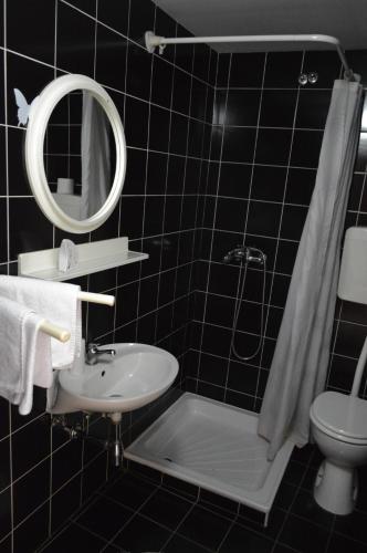 a bathroom with a sink and a toilet and a mirror at Gostilna s prenocisci Danica in Slovenska Bistrica