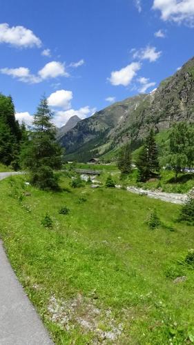 un campo de césped verde junto a una carretera en Haus Bergheim, en Sankt Leonhard im Pitztal