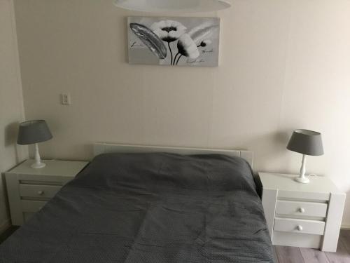 a bedroom with a bed with two night stands and two lamps at B&B Op 't Eikenschoor in Soerendonk