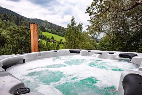 a jacuzzi tub with snow on the ground at Urlaub auf der Alm "Deluxe" in Preggraben