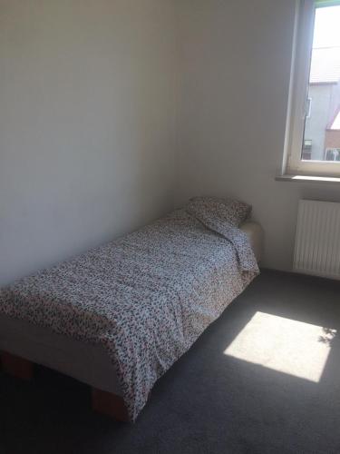 a bedroom with a bed with a comforter and a window at Noclegi u Ireny in Zakręt