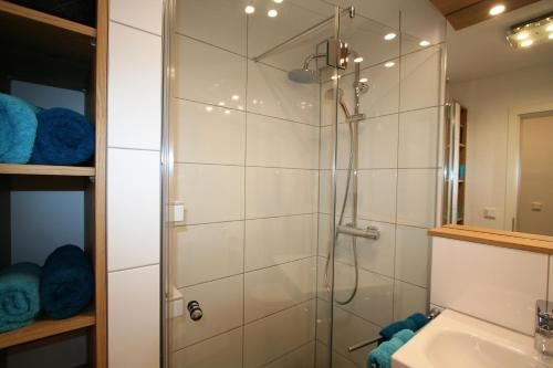 La salle de bains est pourvue d'une douche et d'un lavabo. dans l'établissement Alpenflair Ferienwohnungen Whg 106, à Oberstdorf