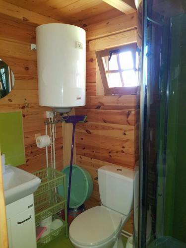 a bathroom with a toilet and a lamp in a cabin at Zacisze Bałtyku in Rusinowo
