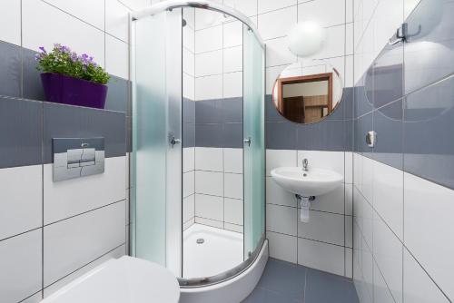 uma casa de banho com uma cabina de duche em vidro e um lavatório. em Willa Daniela - Chłapowo em Władysławowo