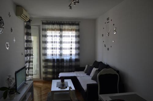 een woonkamer met een bank en een televisie bij Apartman Rada in Bijeljina