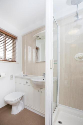 a bathroom with a toilet and a sink and a shower at Breckland Lodge in Attleborough