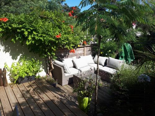 セニョスにあるLa Patio Butiaの白いソファと植物のあるパティオ