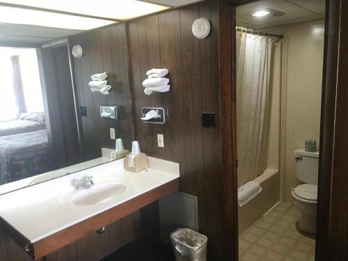 a bathroom with a sink and a toilet and a mirror at Budget Host Village Inn in Kirksville