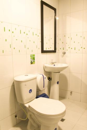 a bathroom with a toilet and a sink at Hotel Brisas De Calima in Cali