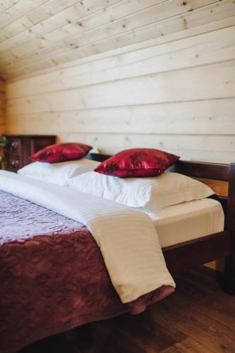 two beds with red pillows in a room at Domik u morya in Gribovka