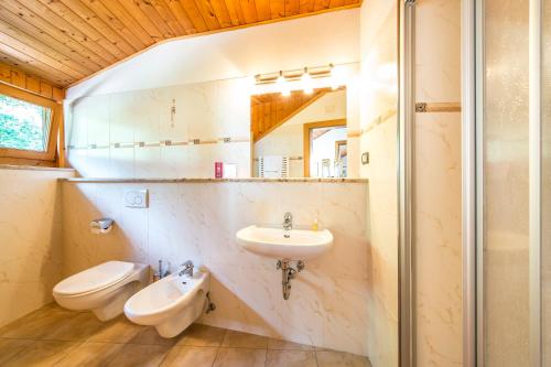 een badkamer met een wastafel, een toilet en een douche bij Gasthof Wieser in Appiano sulla Strada del Vino