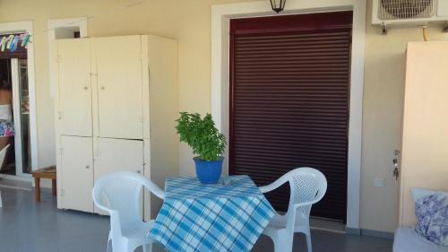 a table with a potted plant on top of it at Sofia in Skala Eresou