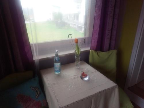 a table with a vase and a bottle and a window at Pension Waldblick in Spiegelau
