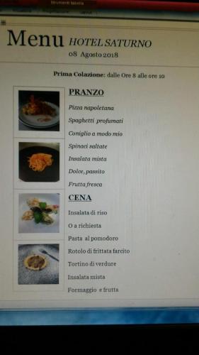 a menu for a restaurant with a picture of food at Hotel Saturno in Chianciano Terme