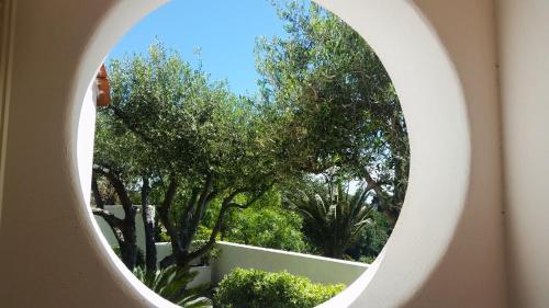 a circular window in a wall with trees in the background at Appartamenti Luongo in Ischia