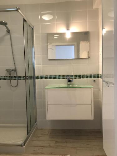 a bathroom with a shower and a sink and a mirror at Tavira Apartment in Tavira