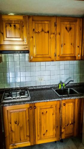 a kitchen with wooden cabinets and a sink at Appartamenti Luongo in Ischia