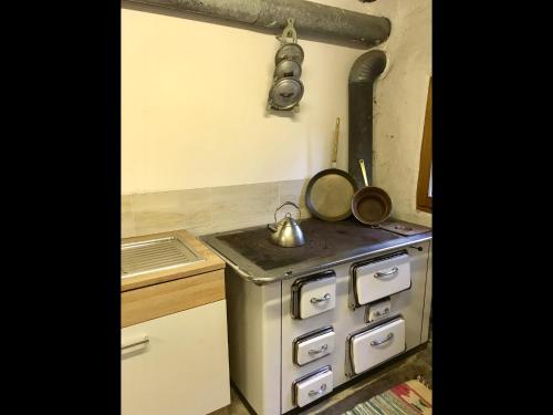 a kitchen with a stove and a sink with pots and pans at Knottn Hüttl, St. Pankraz/Ulten, Nähe Meran in San Pancrazio dʼUltimo