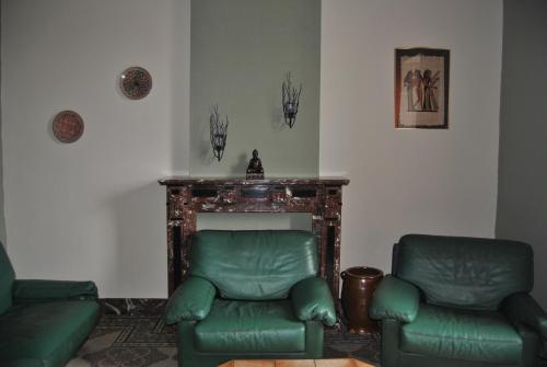 a living room with two green chairs and a fireplace at B&B La Place Verte in Surice