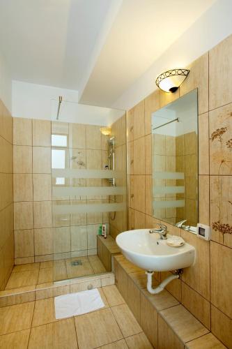 a bathroom with a sink and a mirror at Pensiunea Ambient in Braşov