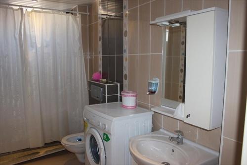 マフムトラールにあるAtmaca Apartment 20のトイレの隣に洗濯機が付いたバスルームがあります。