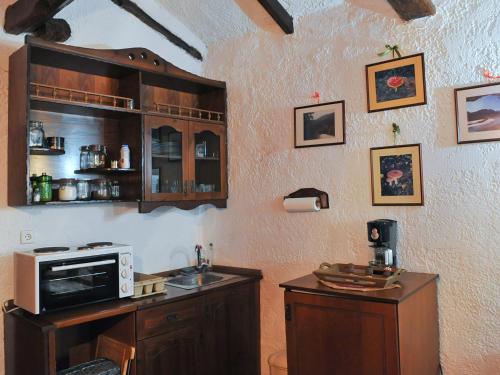 a kitchen with a sink and a microwave at Guesthouse Xenios Zeus in Stavroupoli