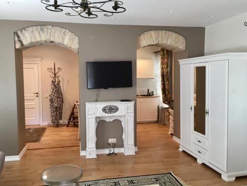 a living room with a fireplace and a tv at Apartments Satva in Vilnius