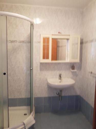 bagno con lavandino e doccia di Apartments Denis a Metajna