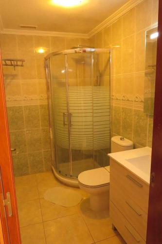a bathroom with a shower and a toilet and a sink at La Lajita Ocean View in Lajita