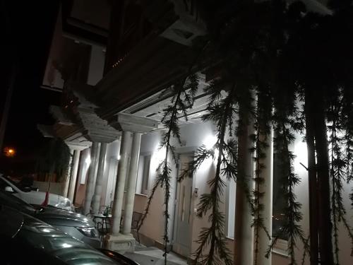 a white building with white columns and plants at Vila Lemic Postojna in Postojna